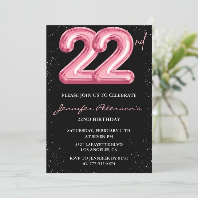 Invitations de 22e anniversaire Pink Balloon Glam  (Debout devant)