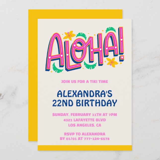Invitations de 22e anniversaire Tropical Aloha Haw (Devant / Derrière)