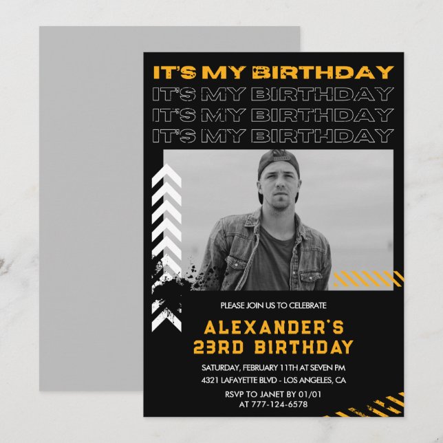 Invitations de 23e anniversaire Homme Photo Spray  (Devant / Derrière)