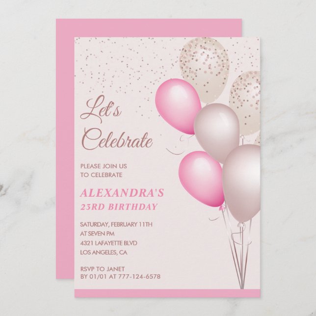 Invitations de 23e anniversaire Pink Balloons Conf (Devant / Derrière)