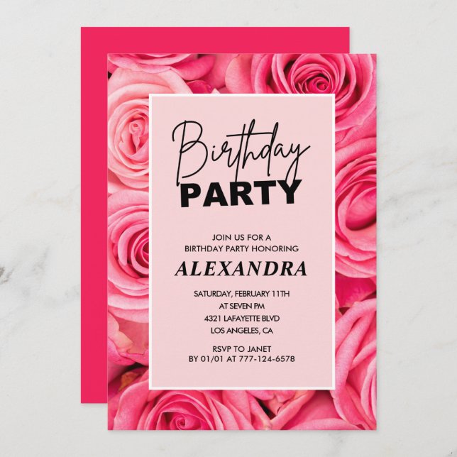 Invitations de 24e anniversaire Rose Roses Floral (Devant / Derrière)