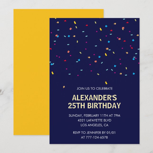 Invitations de 25e anniversaire Hommes Confetti Mo (Devant / Derrière)