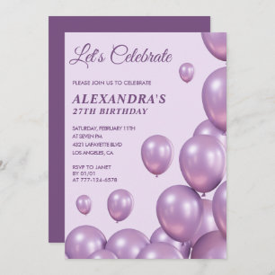 Invitations de 27e anniversaire Ballons Chic Purpl