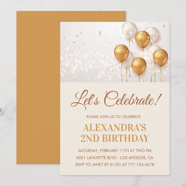 Invitations de 2e anniversaire Balloons Gold (Devant / Derrière)