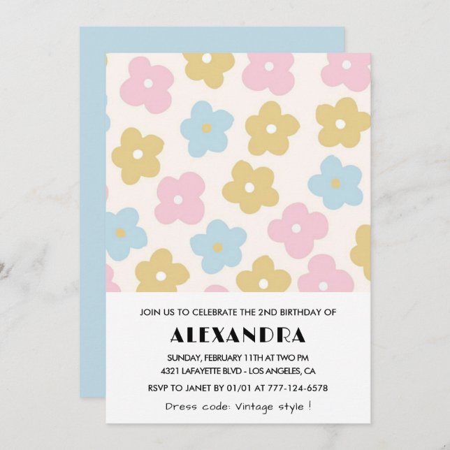 Invitations de 2e anniversaire Girl Blue Pink Flor (Devant / Derrière)