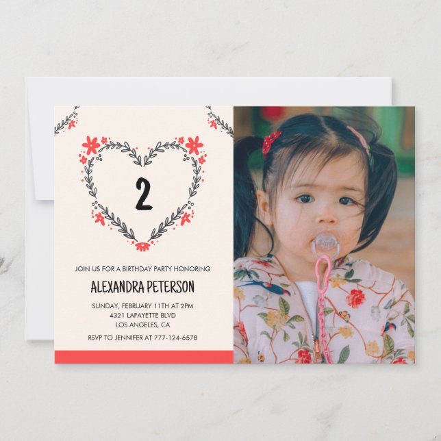 Invitations de 2e anniversaire pour son coeur flor (Devant)