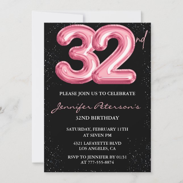 Invitations de 32e anniversaire Pink Balloon Glam  (Devant)