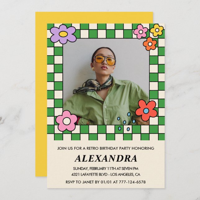 Invitations de 35e anniversaire Fleurs Super rétro (Devant / Derrière)