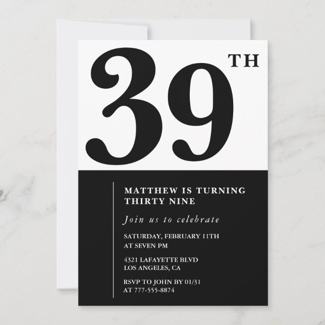 Invitations de 39e anniversaire Black and White El (Devant)