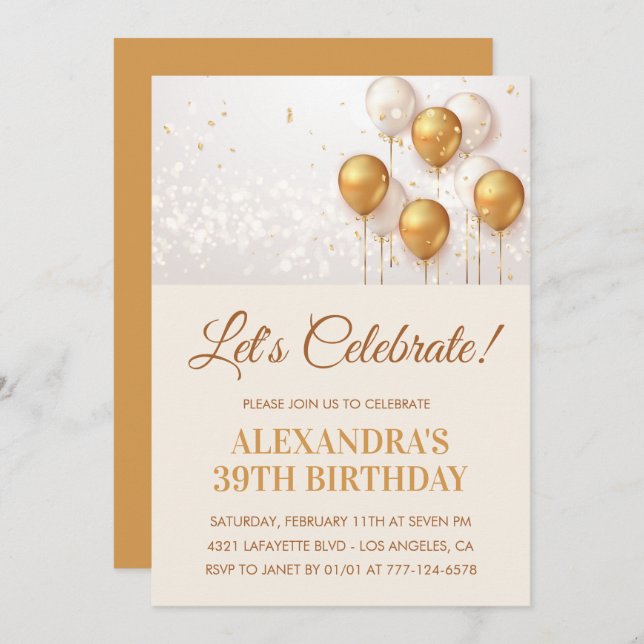 Invitations de 39e anniversaire Gold Ballons (Devant / Derrière)