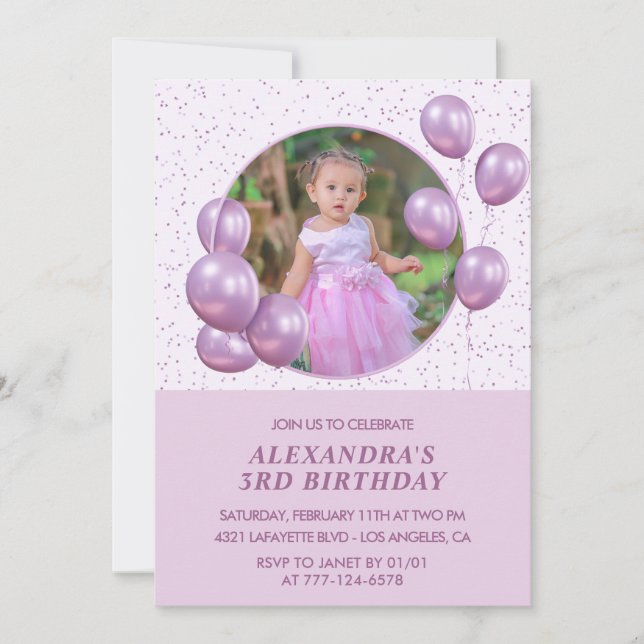 Invitations de 3e anniversaire Ballons Photo Purpl (Devant)