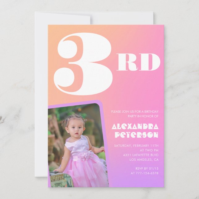 Invitations de 3e anniversaire Pink Orange Girl Ph (Devant)