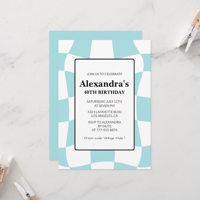 Invitations de 40e anniversaire Retro À damiers Bl (Devant/Arrière en situation)