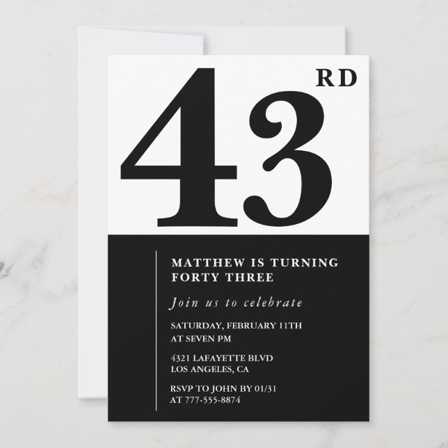 Invitations de 43e anniversaire Black and White El (Devant)