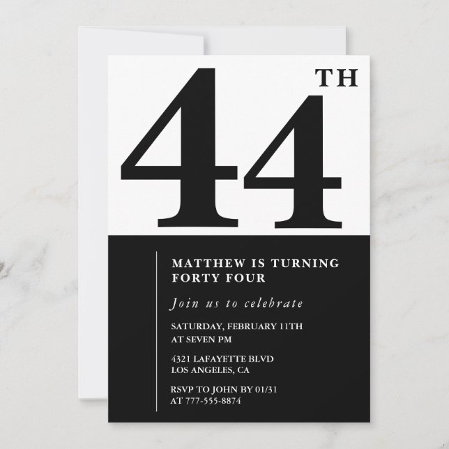 Invitations de 44e anniversaire Black and White El (Devant)