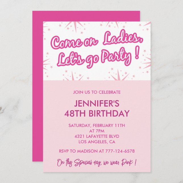 Invitations de 48e anniversaire rose Fun Fun Girly (Devant / Derrière)