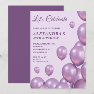 Invitations de 49e anniversaire Ballons Chic Purpl