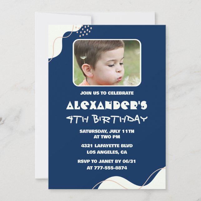 Invitations de 4 ans simples Boy Photo Navy (Devant)