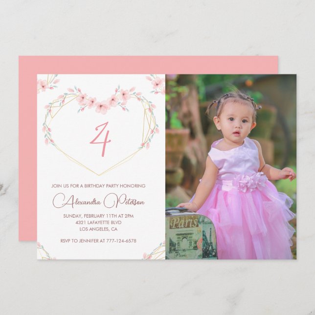 Invitations de 4e anniversaire Boho Floral Photo (Devant / Derrière)