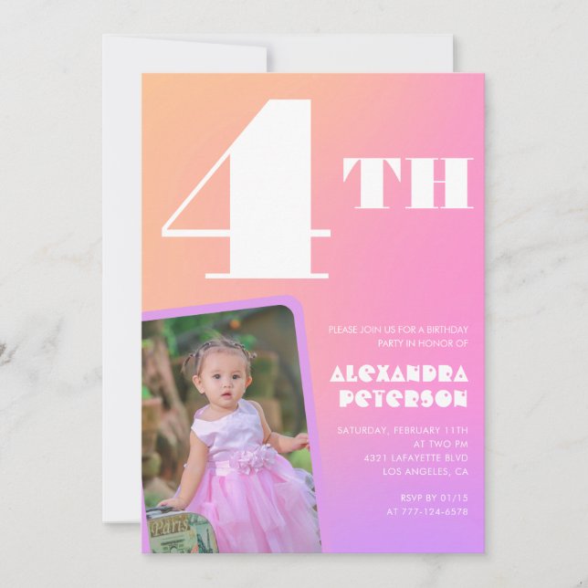 Invitations de 4e anniversaire Pink Orange Girl Ph (Devant)
