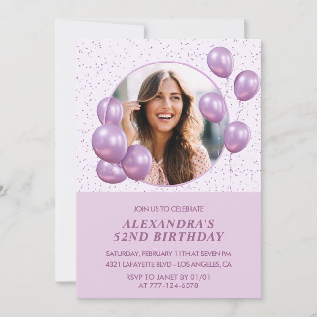 Invitations de 52e anniversaire Ballons Photo Purp (Devant)