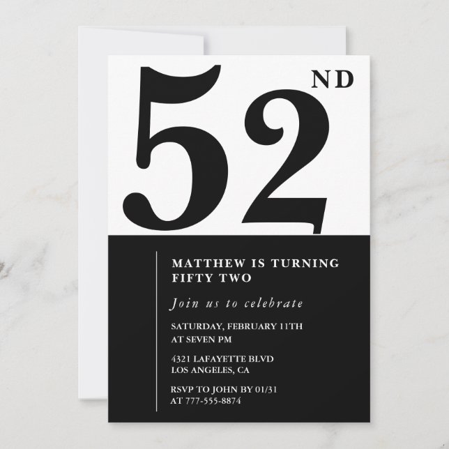 Invitations de 52e anniversaire Black and White El (Devant)