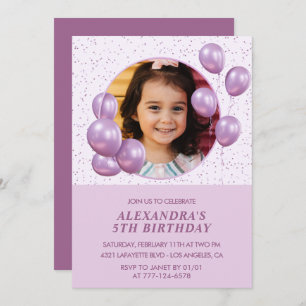 Invitations de 5e anniversaire Ballons Photo Purpl