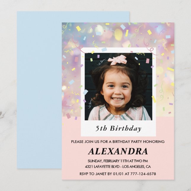 Invitations de 5e anniversaire rose Confetti Photo (Devant / Derrière)