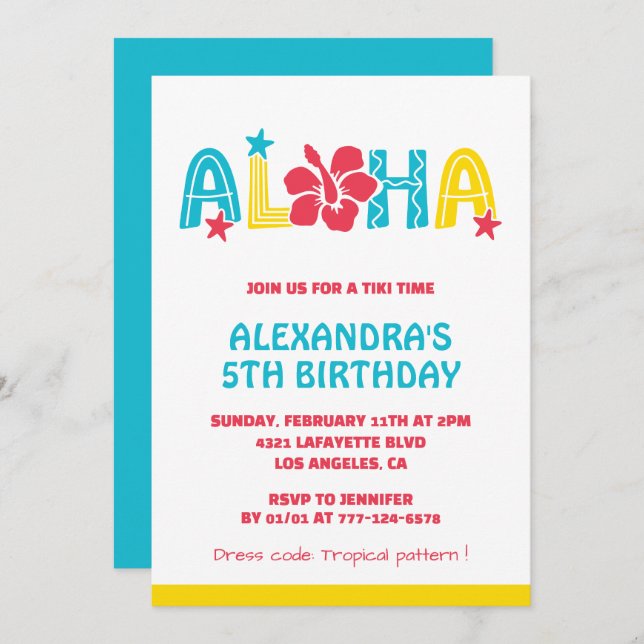 Invitations de 5e anniversaire Tropical Aloha Hawa (Devant / Derrière)