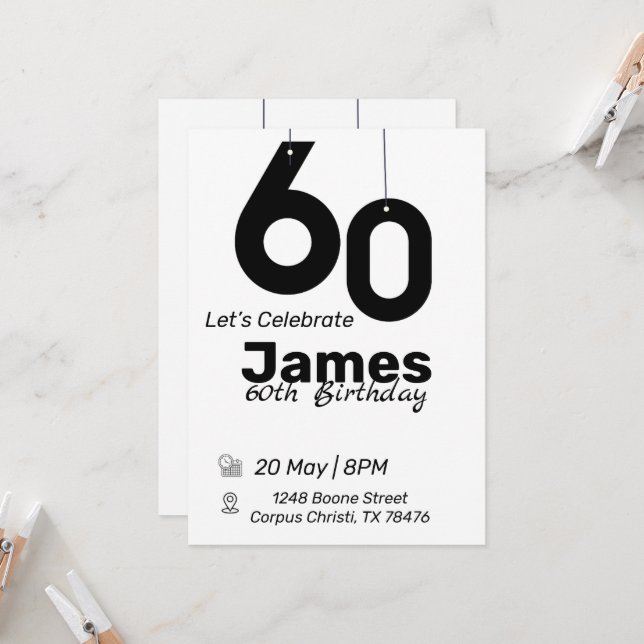 Invitations de 60e anniversaire noir et blanc simp (Devant/Arrière en situation)