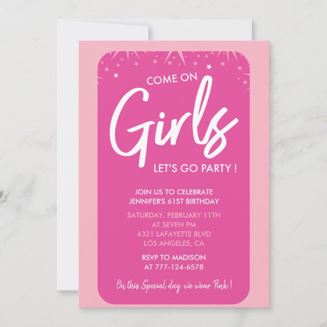 Invitations de 61e anniversaire rose Fille tendanc (Devant)