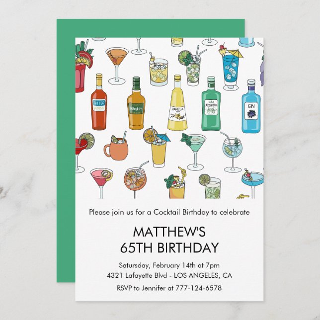 Invitations de 65e anniversaire Cocktail Contempor (Devant / Derrière)