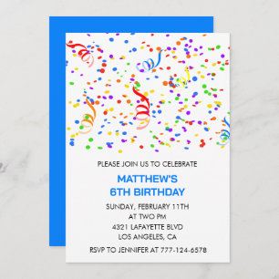 Invitations de 6e anniversaire Confetti Rainbow Bo