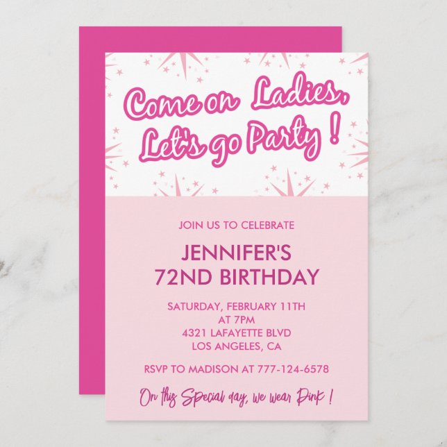 Invitations de 72e anniversaire rose Fun Fun Girly (Devant / Derrière)