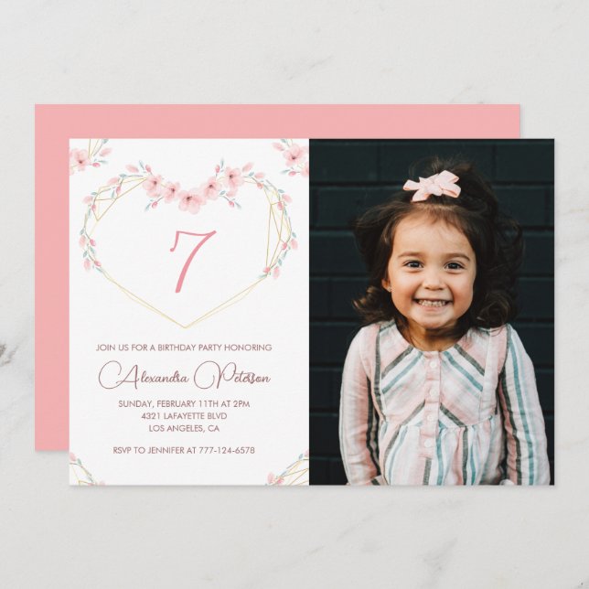 Invitations de 7e anniversaire Boho Floral Photo (Devant / Derrière)