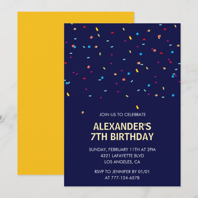Invitations de 7e anniversaire Boy Confetti Modern (Devant / Derrière)
