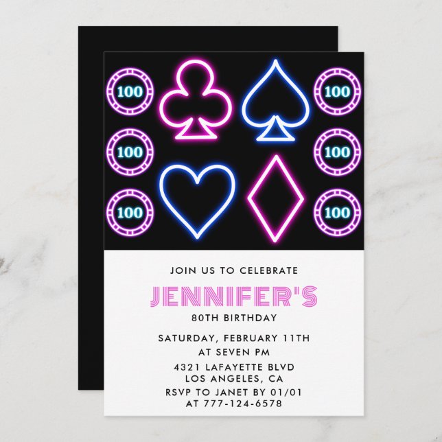 Invitations de 80e anniversaire Thème Casino Poker (Devant / Derrière)