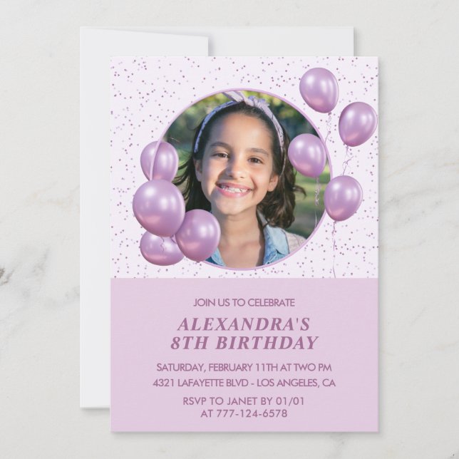 Invitations de 8e anniversaire Ballons Photo Purpl (Devant)