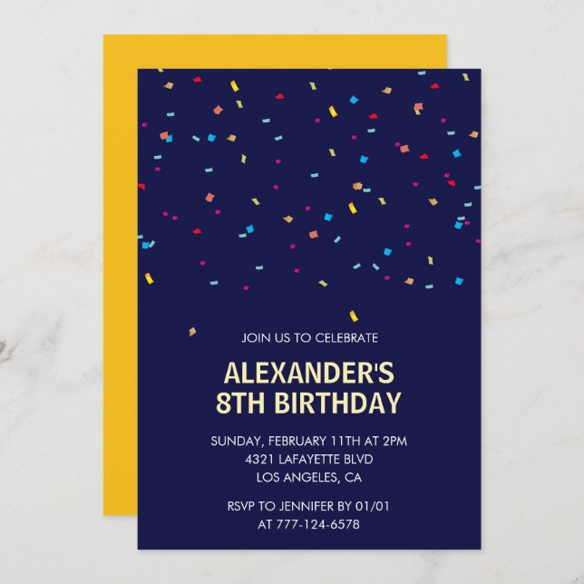 Invitations de 8e anniversaire Boy Confetti Modern (Devant / Derrière)