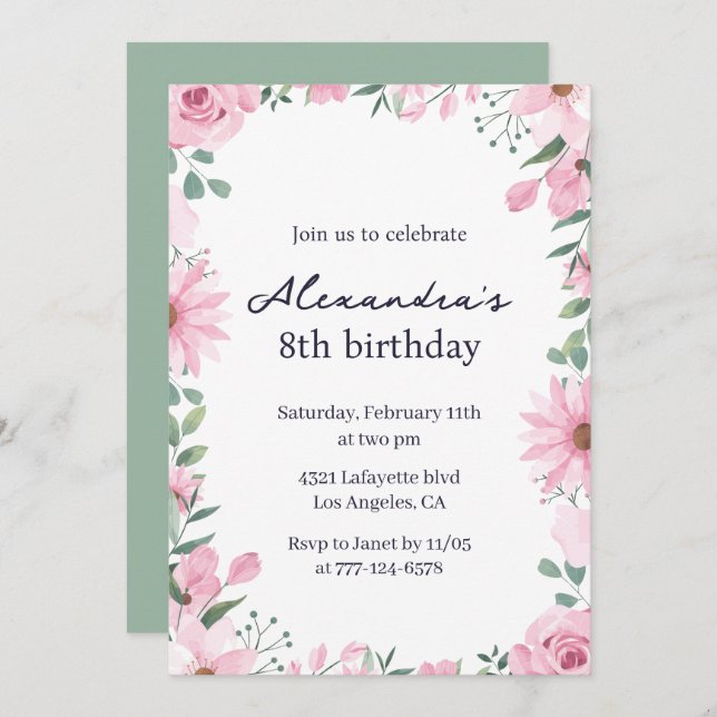 Invitations de 8e anniversaire Floral Frame Pink G (Devant / Derrière)