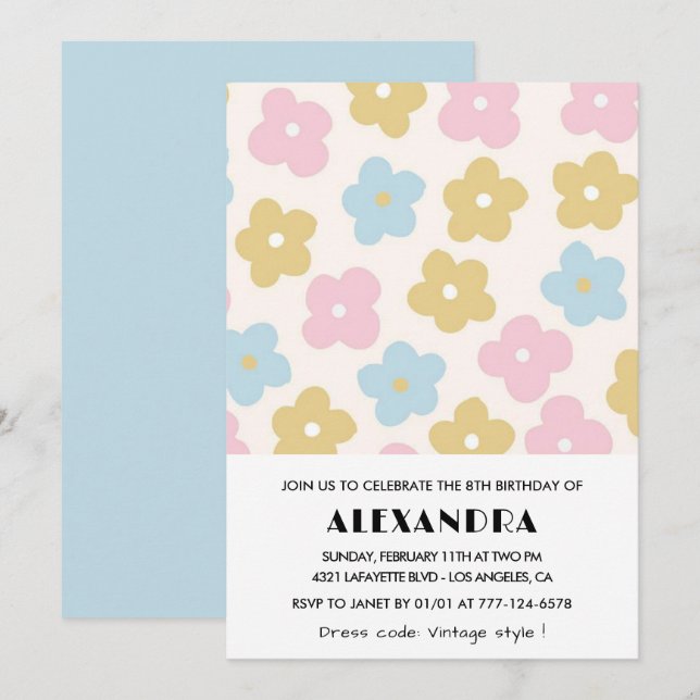 Invitations de 8e anniversaire Girl Blue Pink Flor (Devant / Derrière)