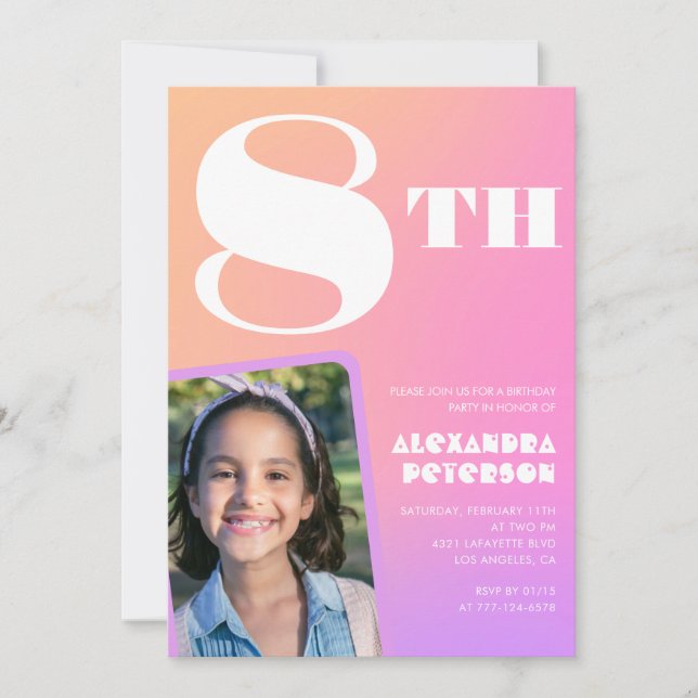 Invitations de 8e anniversaire Pink Orange Girl Ph (Devant)