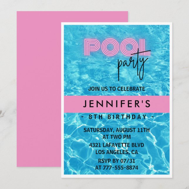Invitations de 8e anniversaire Pool Party été (Devant / Derrière)