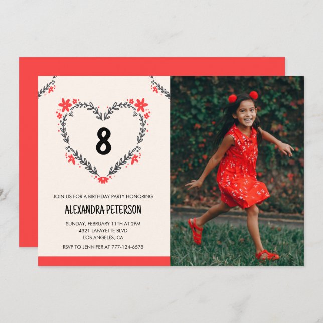 Invitations de 8e anniversaire pour son coeur flor (Devant / Derrière)