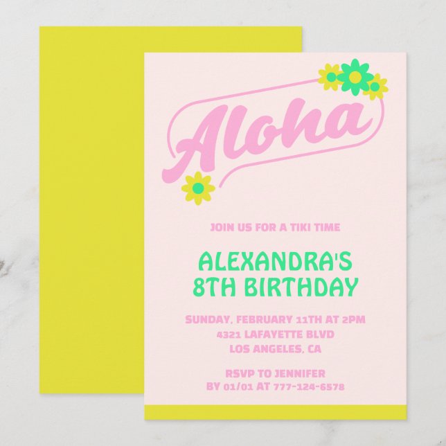 Invitations de 8e anniversaire Tropical Aloha Pink (Devant / Derrière)