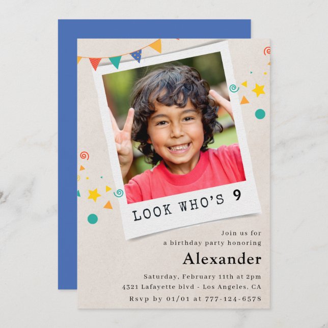 Invitations de 9 ans simples Photo bleue (Devant / Derrière)