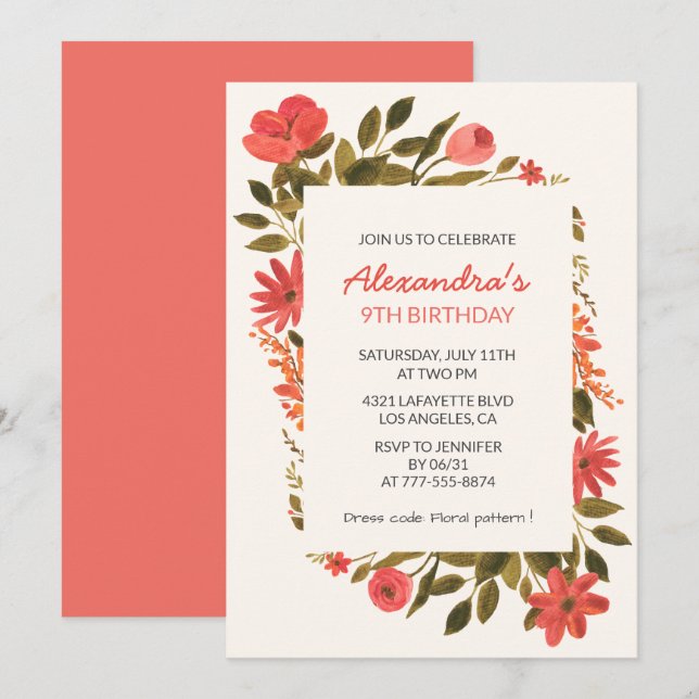 Invitations de 9e anniversaire Floral Boho Elegant (Devant / Derrière)
