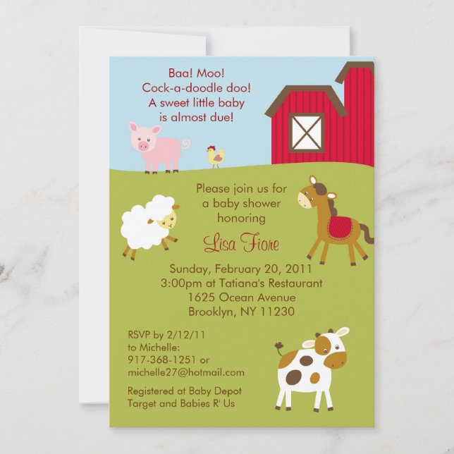 Invitations de baby shower d'animal de ferme de (Devant)