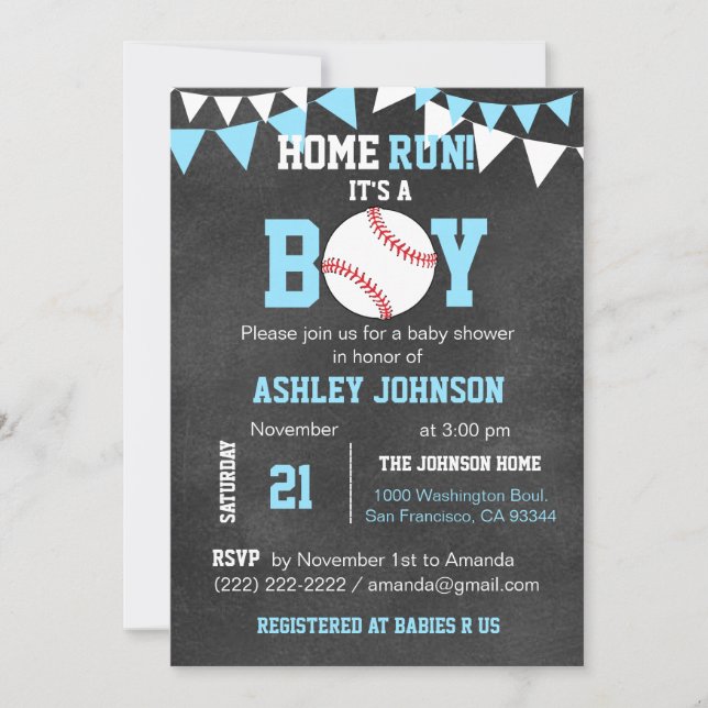 Invitations de baby shower de base-ball de tableau (Devant)