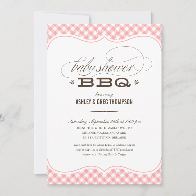 Invitations de baby shower de BBQ - nappe rose (Devant)